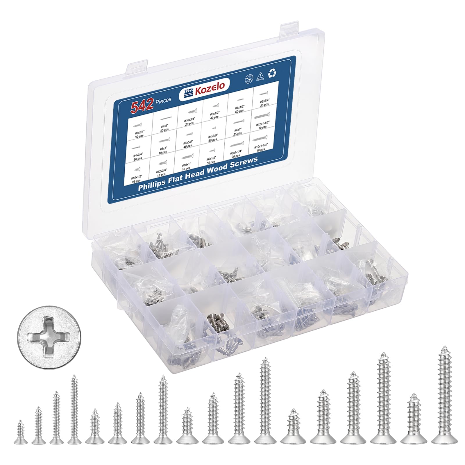 Kozelo 542Pcs Phillips Flat Head Wood Screw Assortment Kit - [#4,#6,#8,#10,#12] 304 Stainless Steel Countersunk Self Tapping Screw, Silver