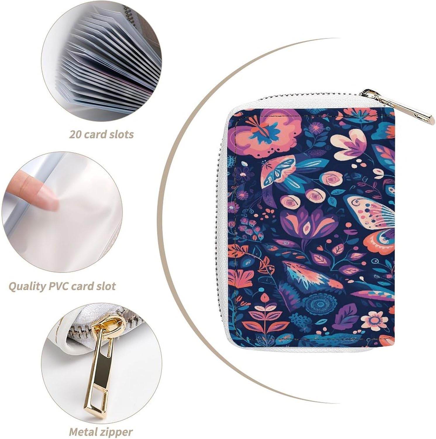 Butterfly And Leaves Card Holder RFID Blocking,Credit Card Wallet for Women And Men,Card Case Organizer Bag with Zipper