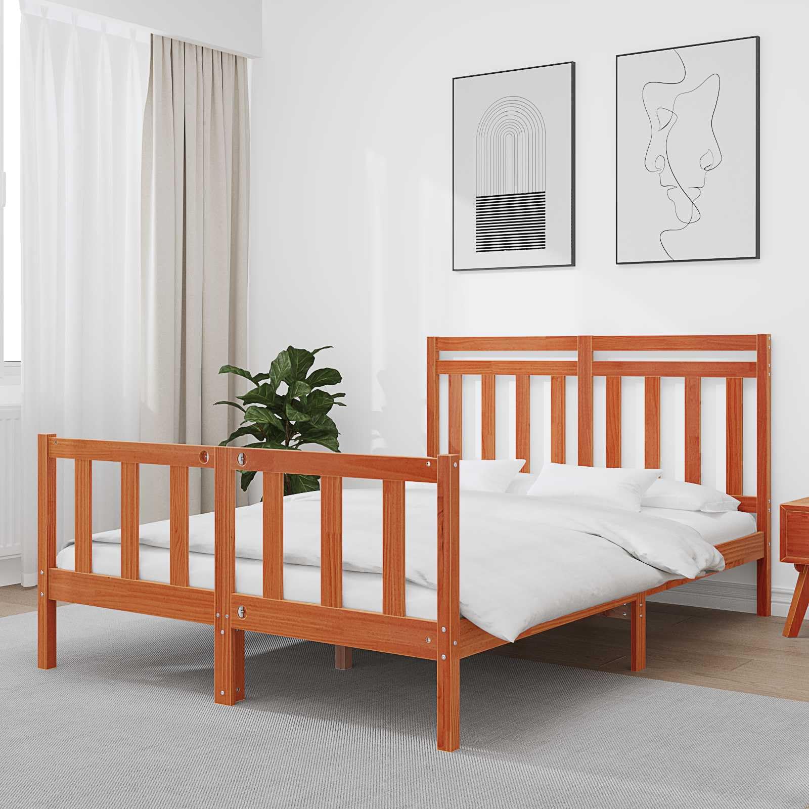 Estructura de Cama de Madera Maciza de Pino marrón Cera, 205,5 x 145,5 x 100 cm, Cama somier con cabecero para Dormitorio, Soporte para colchón matrimonial Grande, Descanso para 2 Personas
