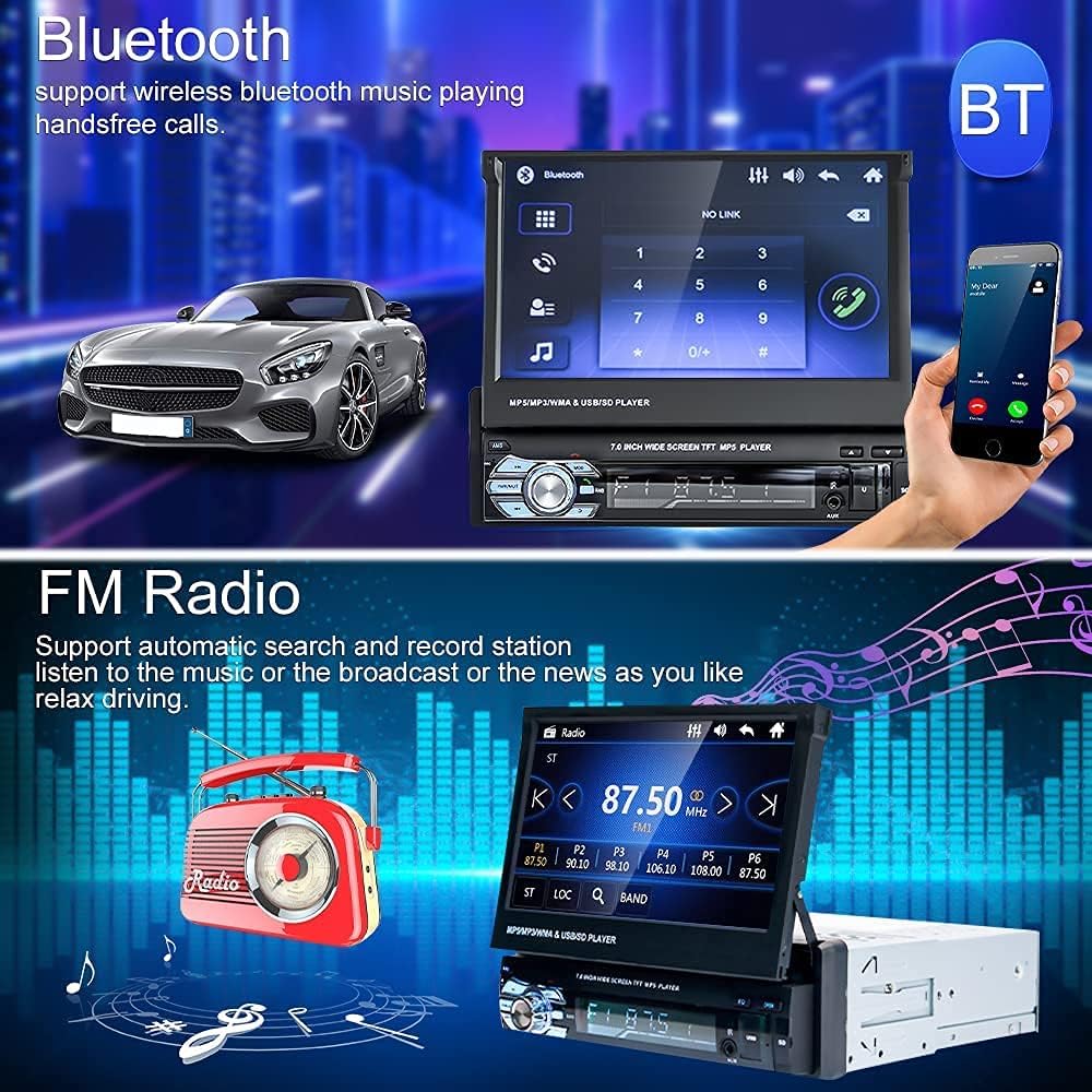 Camecho Car Stereo Bluetooth 7 Inch Flip Out Touch Screen Single Din