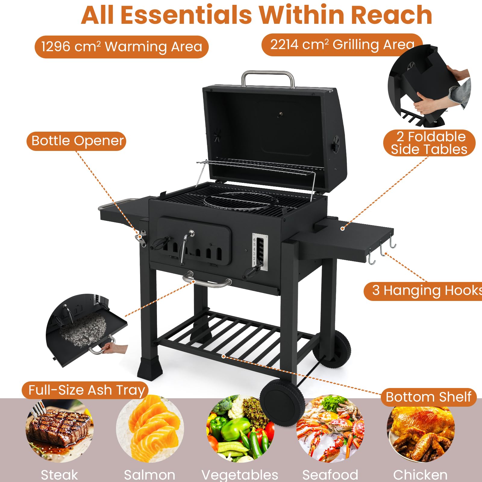 KOMFOTTEU Holzkohlegrill mit 2 klappbaren Seitentischen & Rädern, Grillwagen mit 6-fach-Holzkohlebehälter, Ablagefach, Grillrost, Thermometer, Rauchgrill Standgrill für outdoor