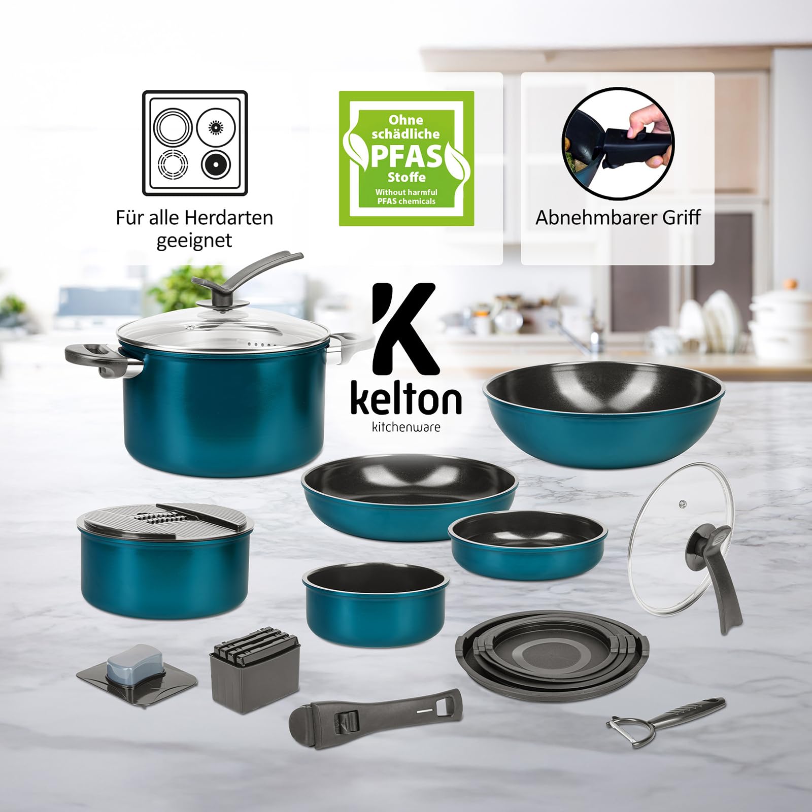 Kochgeschirr Kelton 3 in 1 mit Pfannen, Töpfe, Deckel und Gemüseschneider 27 tlg., Kochgeschirr mit Pfannen und Kochtöpfen mit Antihaft Beschschichtung, PFOA & PTFE-frei, abnehmbarer Griff