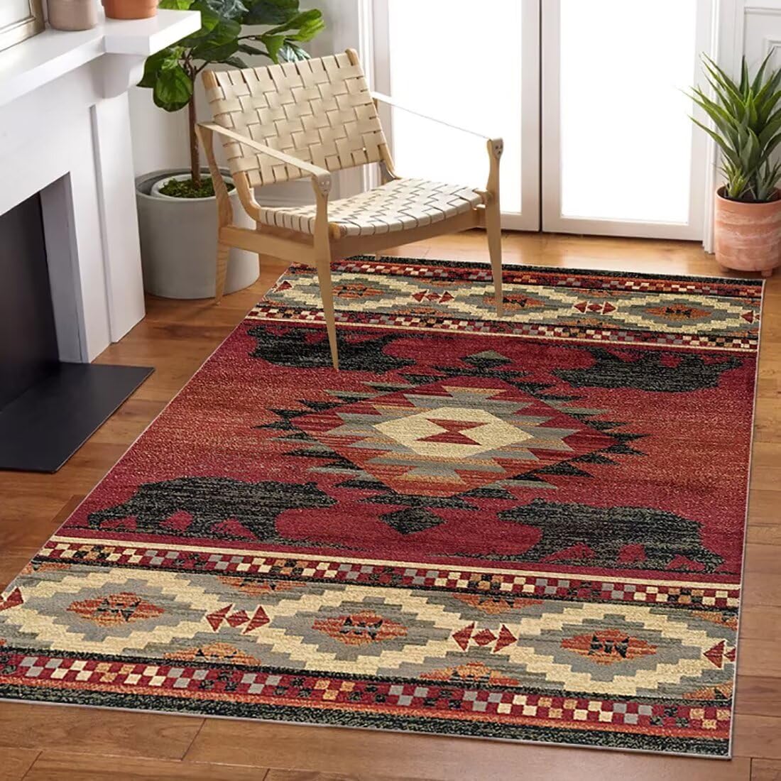 Qmkmyy Southwetern Tribal Rugs for Living Room Bedroom Burgundy Moroccan Bear Area Rug Home Office Decor Carpet Floor Mat,6'x9'