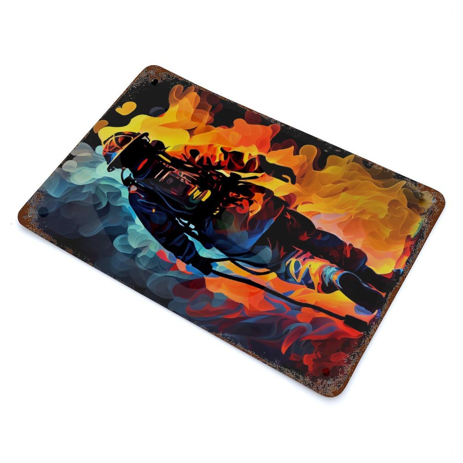 Garage Style Firefighter Painting Rust Effect Tin Sign 11.8"x7.9", Classic Wall Plaque for Bar And Workshop