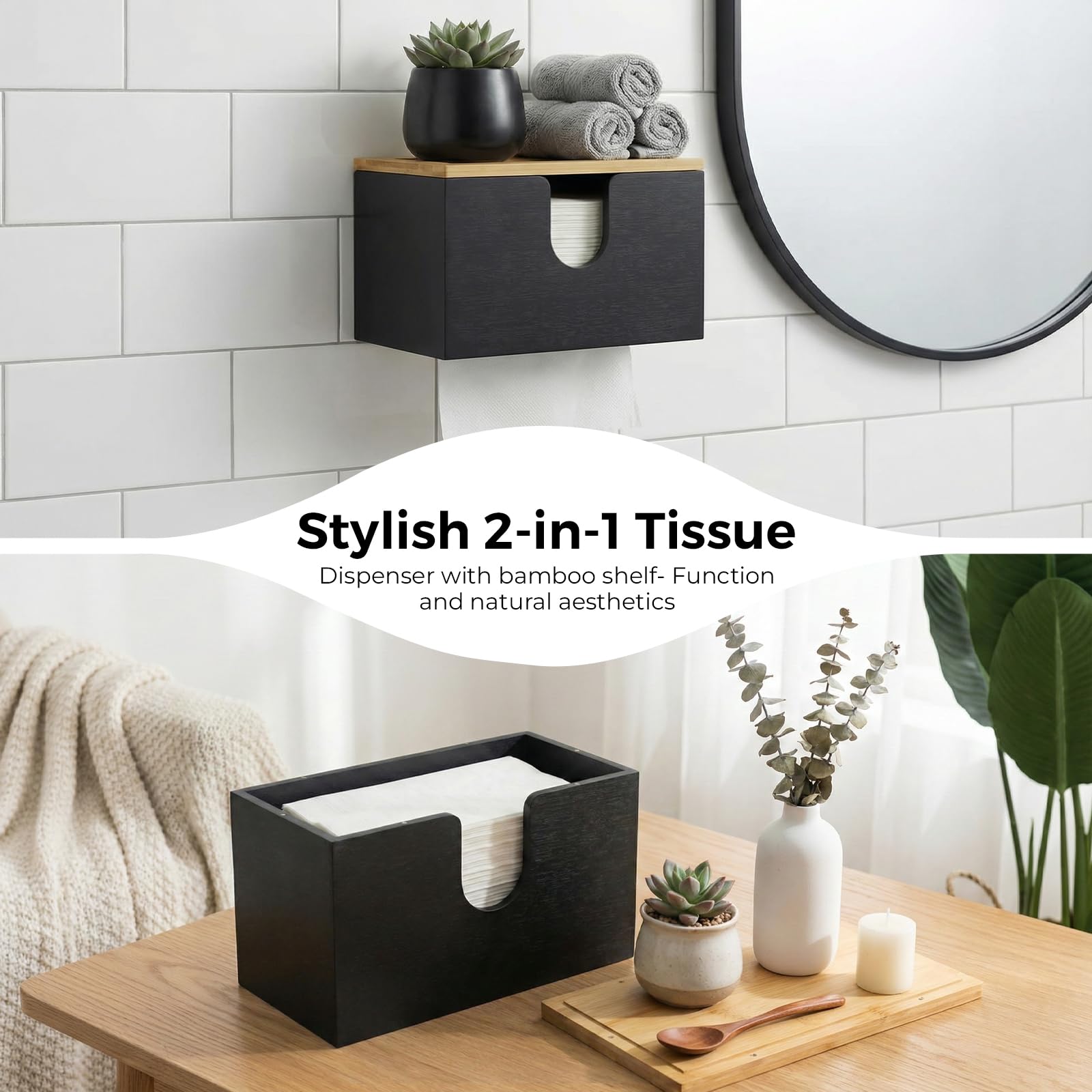 Distributore di salviette di carta in bambù - Per uso a parete o su tavolo - 27,5 x 16 x 13 cm - Con coperchio magnetico - Per asciugamani piegati a V/C/Z, per Cucina, Bagno - Nero