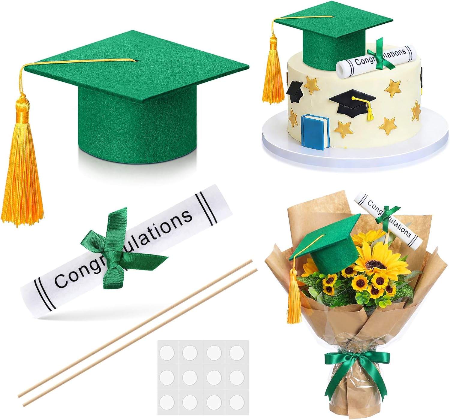Breling Green and Gold Graduation Cap Cake Topper with Diploma Centerpiece Sticks Mini Felt Grad Hat Cake Toppers with Tassel Class of 2026 Grad Table Decor Party Supplies Decorations