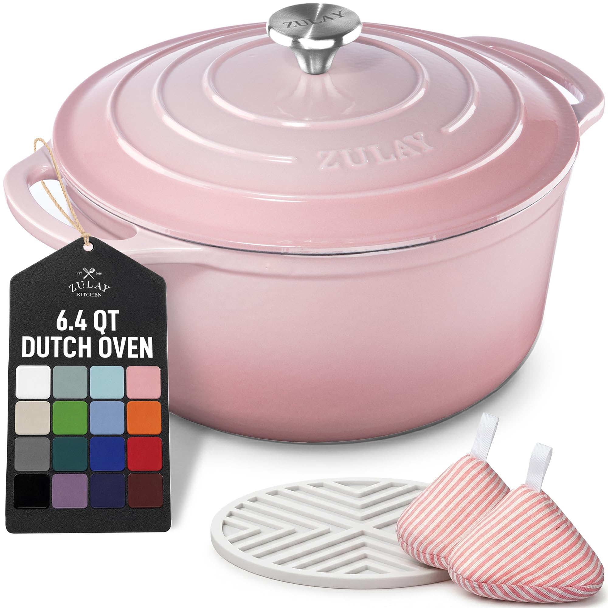 Zulay Kitchen 6.4QT Enameled Cast Iron Dutch Oven Pot with Lid, Heavy-Duty Soup Pot for Stews, Braising, Roasting &amp; Sourdough Bread Baking, Oven Safe up to 500°F - Pink