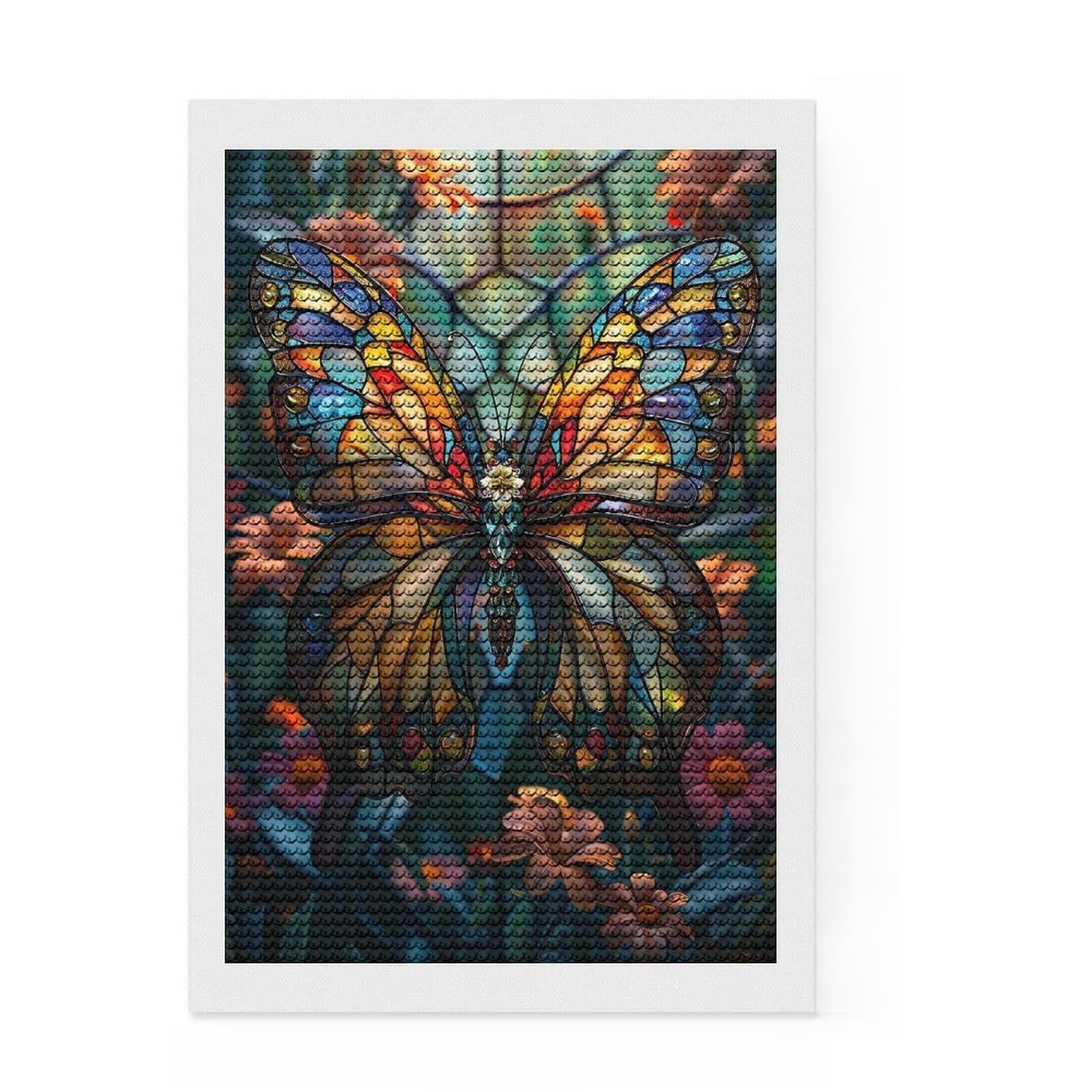 Junmoney Stained Glass Butterfly Diamond Art Canvas 8"x12", Home Wall Decor, for Craft Lovers, Stress Relief Craft, Holiday Gift Idea