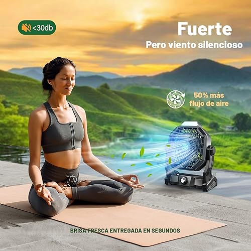 Miniatura 3 de Ventilador de camping portátil con linterna LED, ventilador de tienda de campaña recargable de 9 pulgadas, viento silencioso y fuerte, gancho para