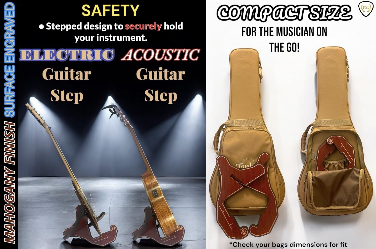 PGL Soporte de madera escalonado para guitarra (soporte de piso) con acolchado protector de EVA más grueso, material más grueso, ahora en madera contrachapada, paso de guitarra eléctrica, paso de