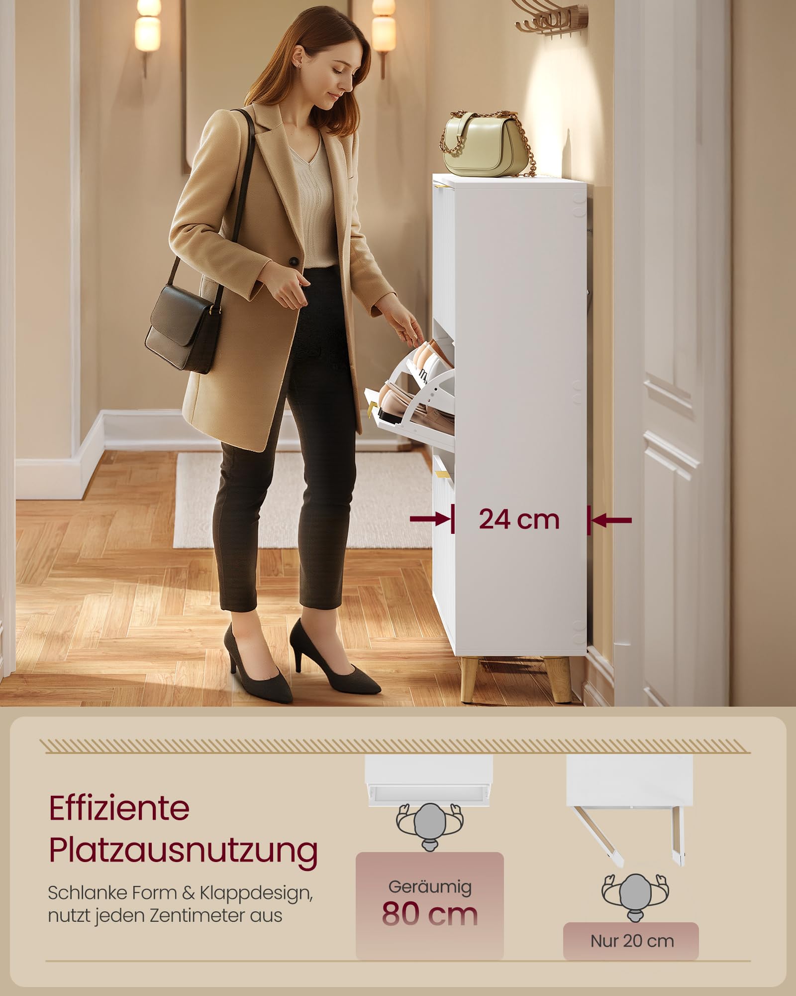 VASAGLE MAXE Kollektion - Schuhschrank mit 3 Klappen, Schuhkipper schmal, Schuhregal für Eingangsbereich, geriffelte Türen, für 18-24 Paar Schuhe, Mid Century Modern, wolkenweiß HSC302WB02