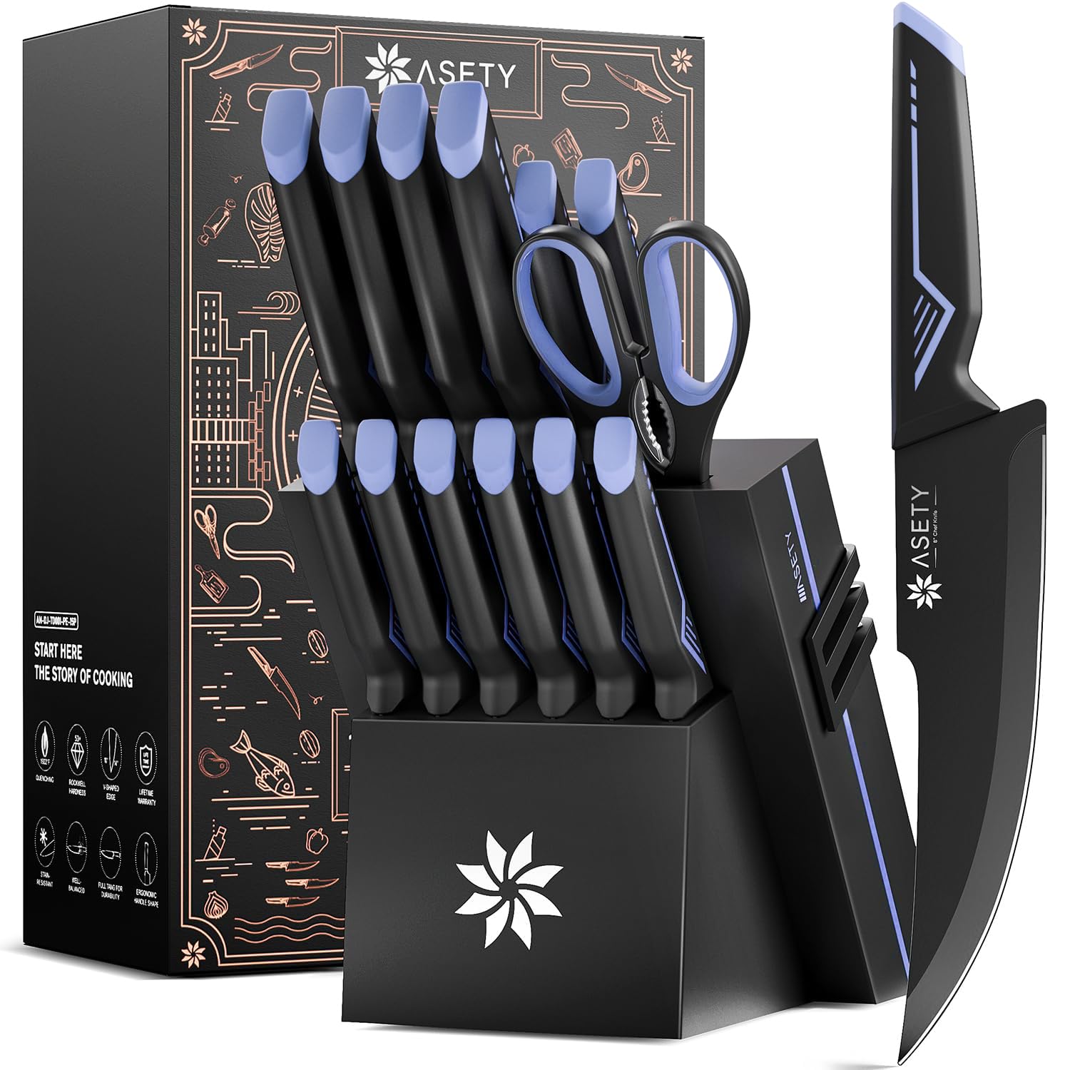 ASETY Kitchen Knife Set, 15 PCS Knife Block Set, Dishwasher Safe, Blue