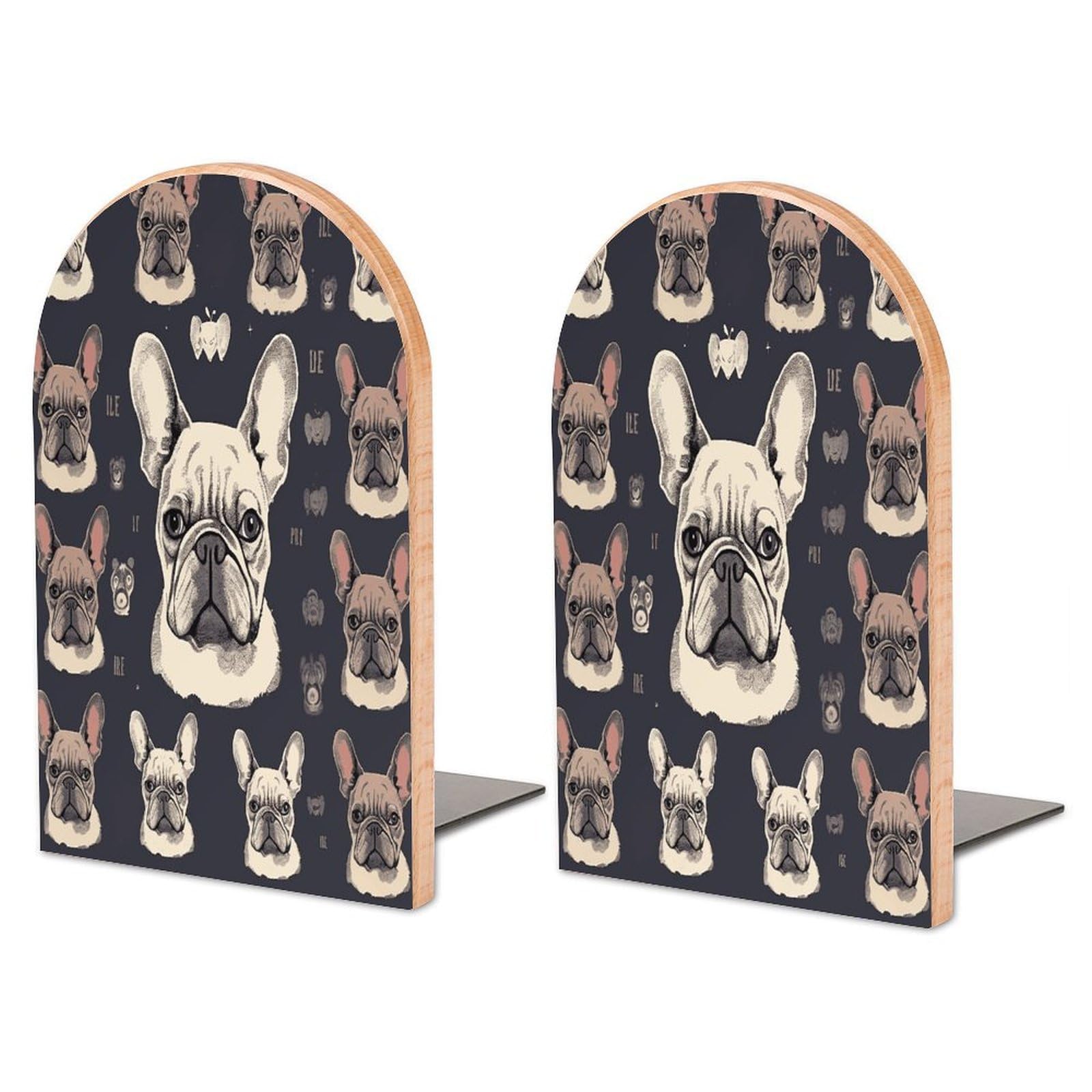 Sujetalibros de madera bulldog francés para estantes organizador con base de metal