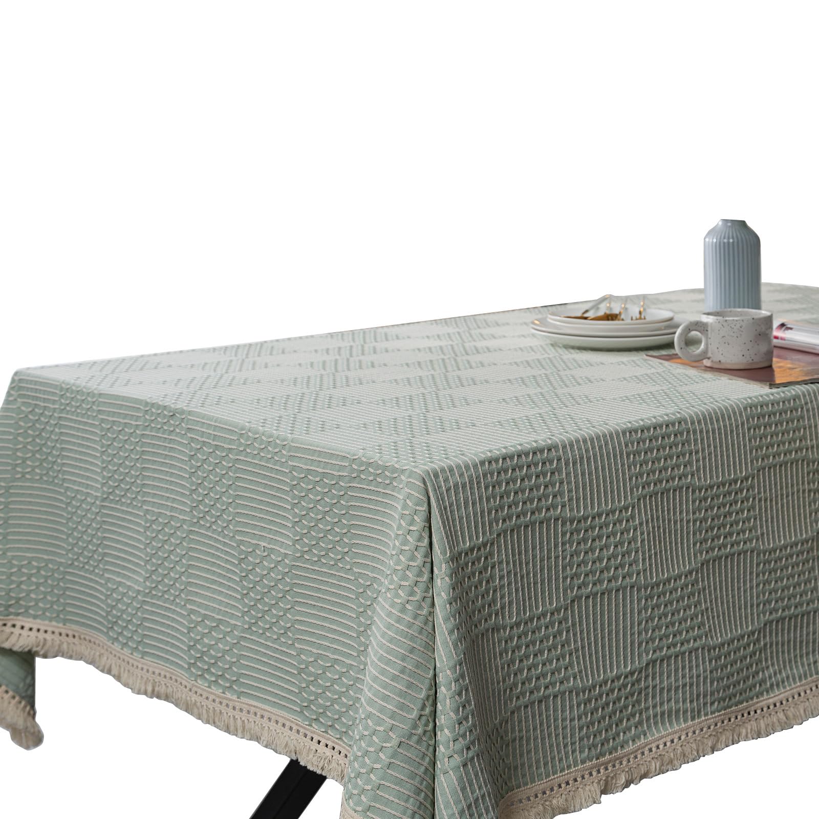 Buxuaaaa Modern Geometric Tablecloth MultiPurpose Furniture Protectors Fringed Border Breathable Easy Cleaning Polyester Textiles Cotton Linen Look Polyester Tablecloth