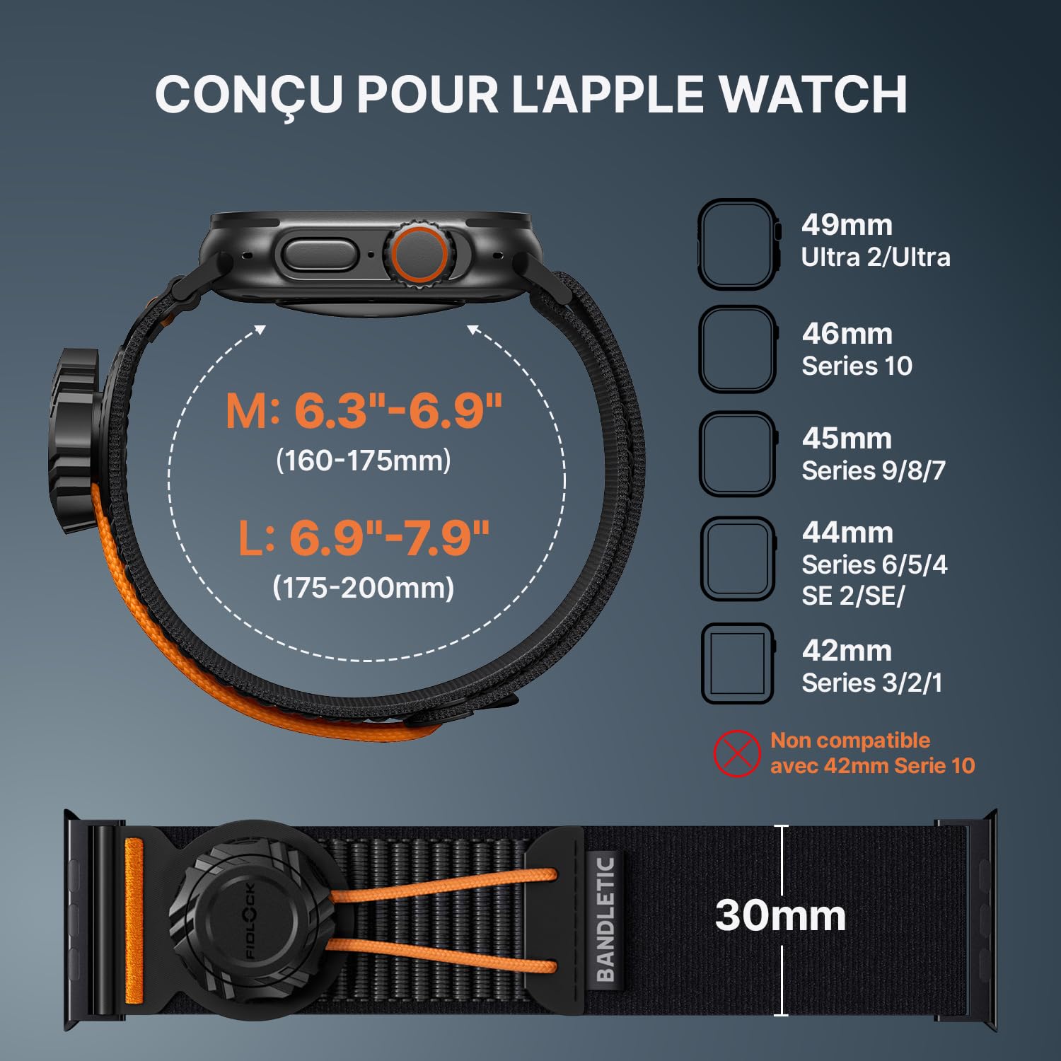 Bandletic Compatible avec Bracelet Apple Watch, Doux Nylon Sport Band avec Boucle Magnétique Fidlock Winch pour iWatch 49mm(Ultra/Ultra 2),46mm(Series 10),45mm(9/8/7),44mm(SE2/SE/6/5/4),42mm(3/2/1)