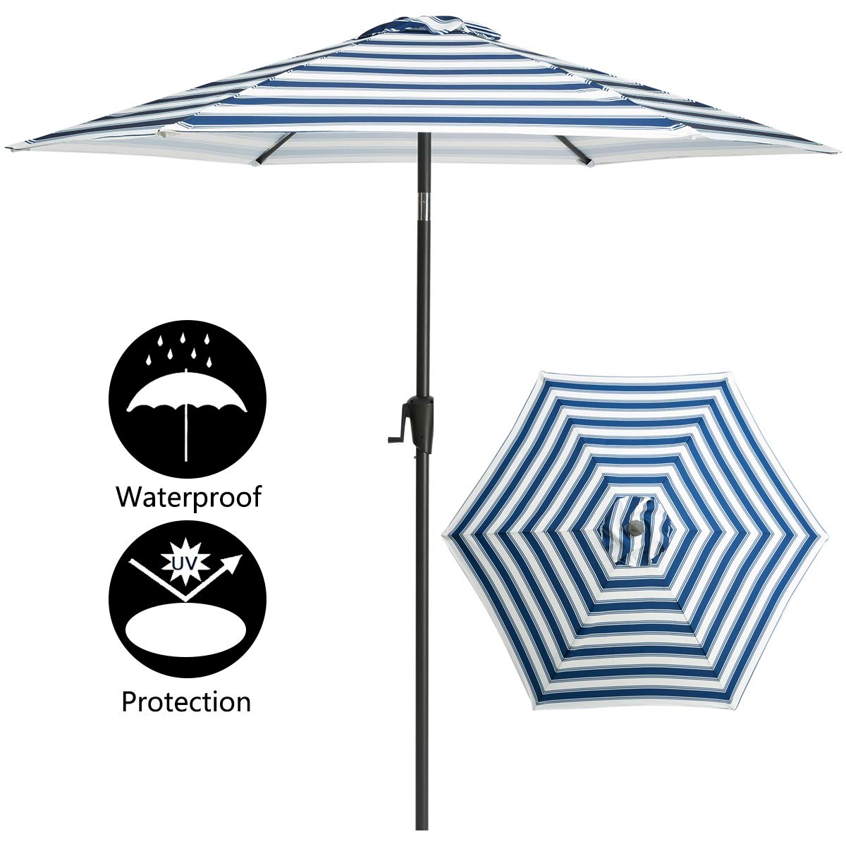 Amazon Com Tagi 7 5 Feet Hand Shake Outdoor Patio Umbrella 6 Rib Crank Lift Hand Tilt Blue And White Stripes Garden Outdoor