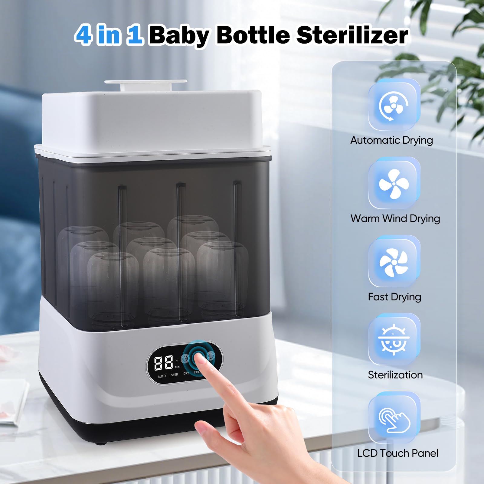 Esterilizador y secador de biberones, esterilizador a vapor eléctrico 4 en 1, con capacidad para 9 biberones y chupetes, esterilizador a vapor de 2 capas para biberones y accesorios