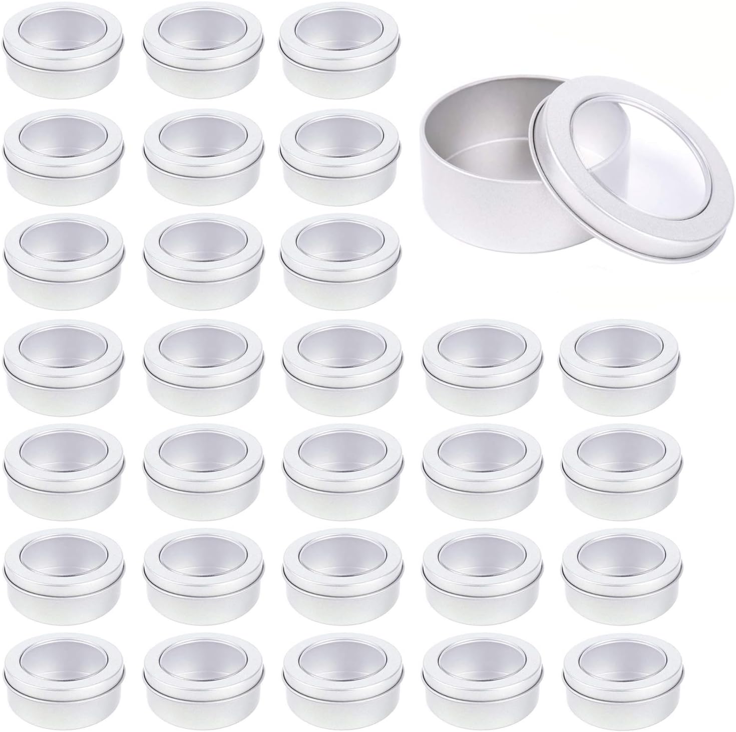 Metal Tin Cans - 2 Ounce Round Empty Containers with Clear Top for Cosmetics Crafts Food Storage Party Favors (30)