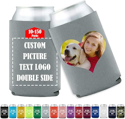 10-150 fundas personalizadas para latas de cerveza de soda, soporte aislado para botellas de bebidas con logotipo, imagen, texto para bodas,