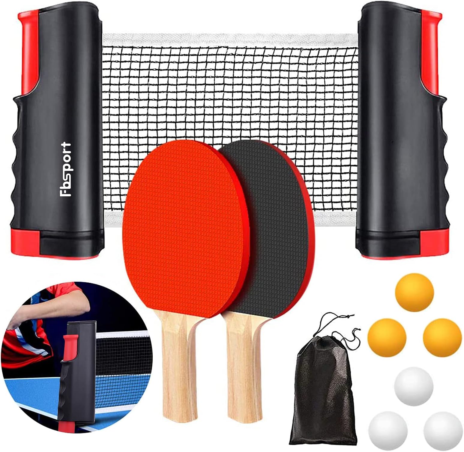 FBSPORTTable Tennis Set, Ping Pong Bats Set with 2 Paddles, 1 Retractable Net, 6 Balls, 1 Carrying Bag, for Trainer Adults Kids Indoor Outdoor