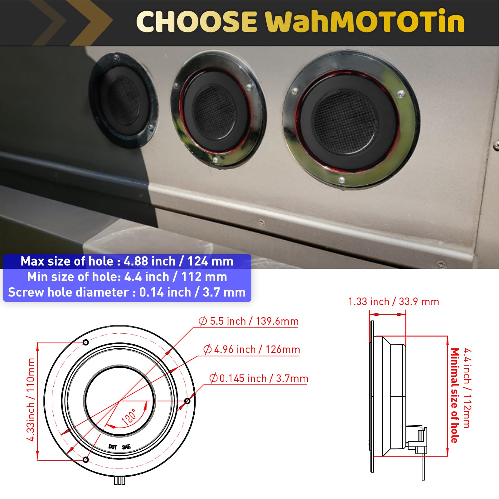 WahMOTOTin 4 Inch Round LED Trailer Lights - Smoked Lens, White Halo Reverse & Running Lights - View #2