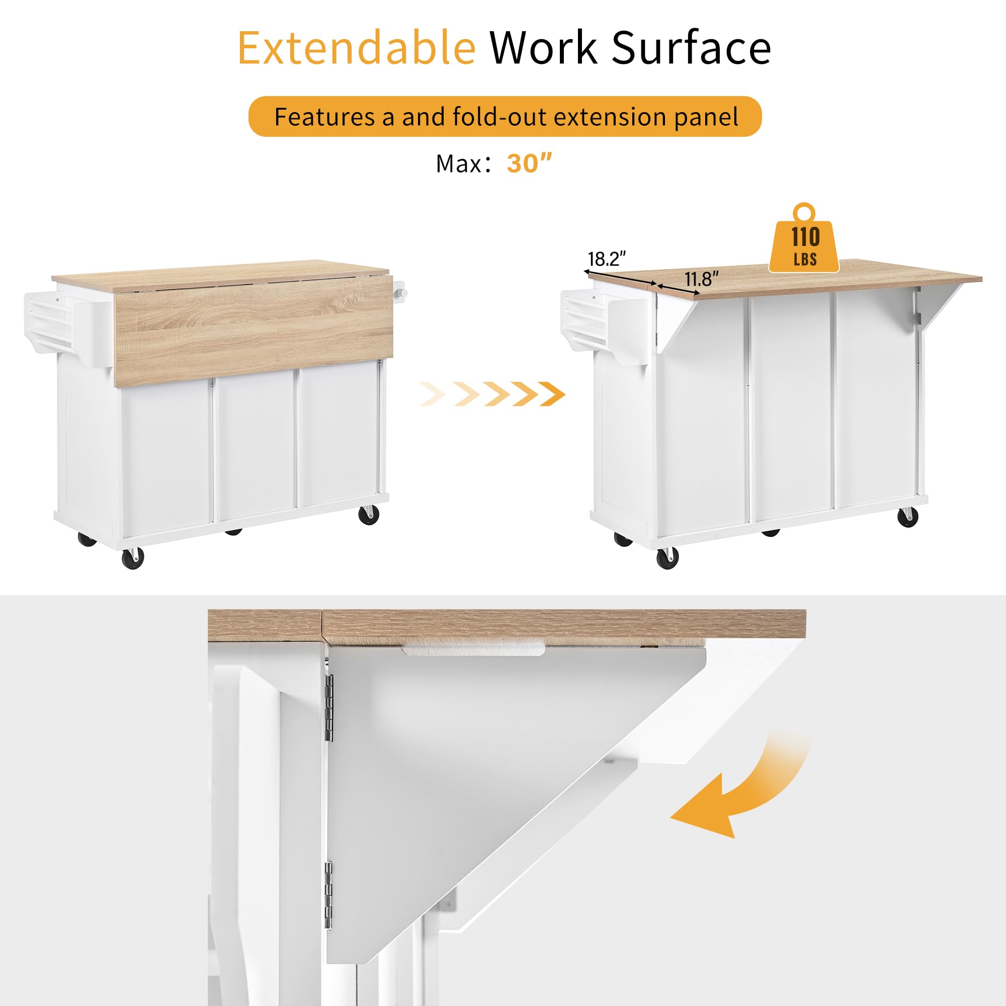 Îlot Central Cuisine sur roulettes, Meuble Cuisine avec Plan de Travail, Meuble Poubelle, Coin Repas Extensible, Tiroirs pour Cuisine et Salle à Manger, Blanc