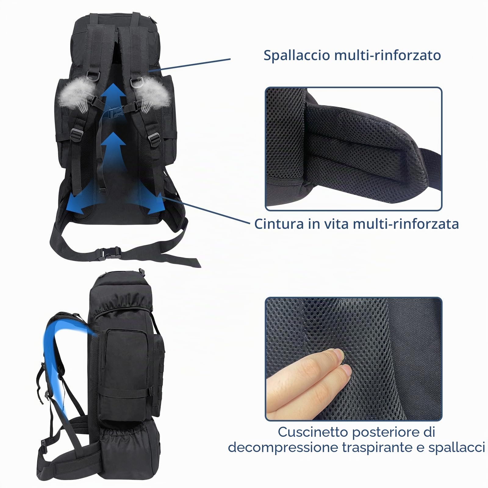 70L Zaino da Trekking per Uomini e Donne, Borsa da Campeggio con Scomparto Scarpe, Grande Zaino Militare Tattico, Zaino Tattico MOLLE per Escursionismo, Viaggio e Sport (Nero)