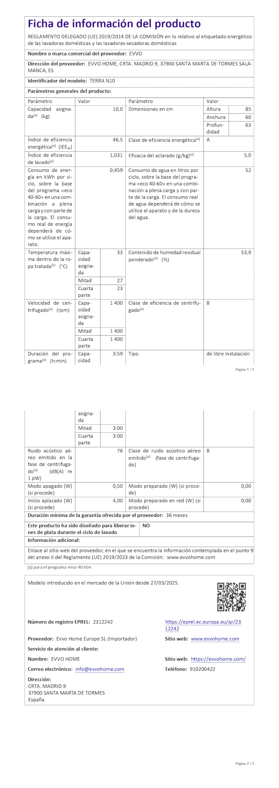 EVVO Lavadora Gran Capacidad TERRA N - Capacidad de 10 Kg, 1400 RPM, E. Energética A - Motor E-DRIVE Inverter, 16 Programas, Programa Rápido 15'