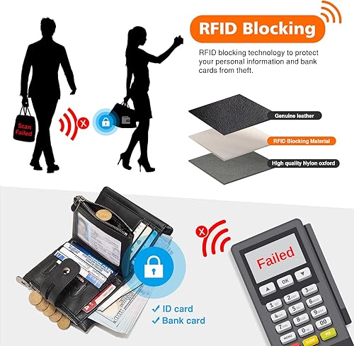 Miniatura 3 de PAOFAM Cartera con cadena, de piel auténtica, bloqueo RFID, doble cremallera, bolsillo para monedas con cadena antirrobo, carteristas a prueba