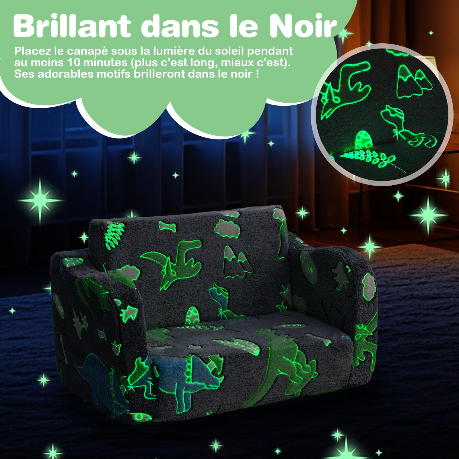 DREAMADE Canapé Enfants Brille dans Le Noir,2 en 1 Canapé Convertible Tout-Petits avec Couverture,Housse Amovible&Lavable en Machine,Fauteuil Pliable pour Garçons Filles 3+Ans (Gris+Dinosaure)