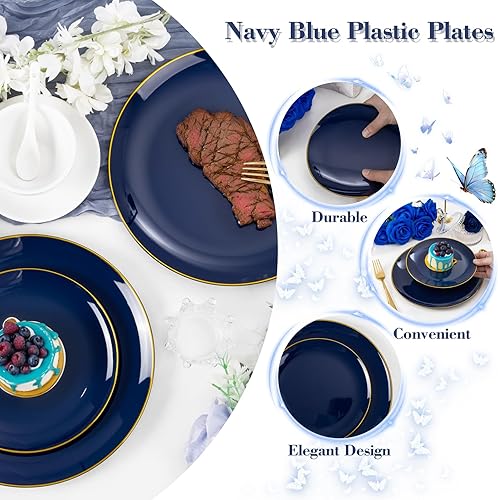 Miniatura 5 de YOUBET 125 platos de plástico azul  cubiertos de plástico dorado  Los platos desechables azul marino incluyen platos de cena de 25 invitados platos