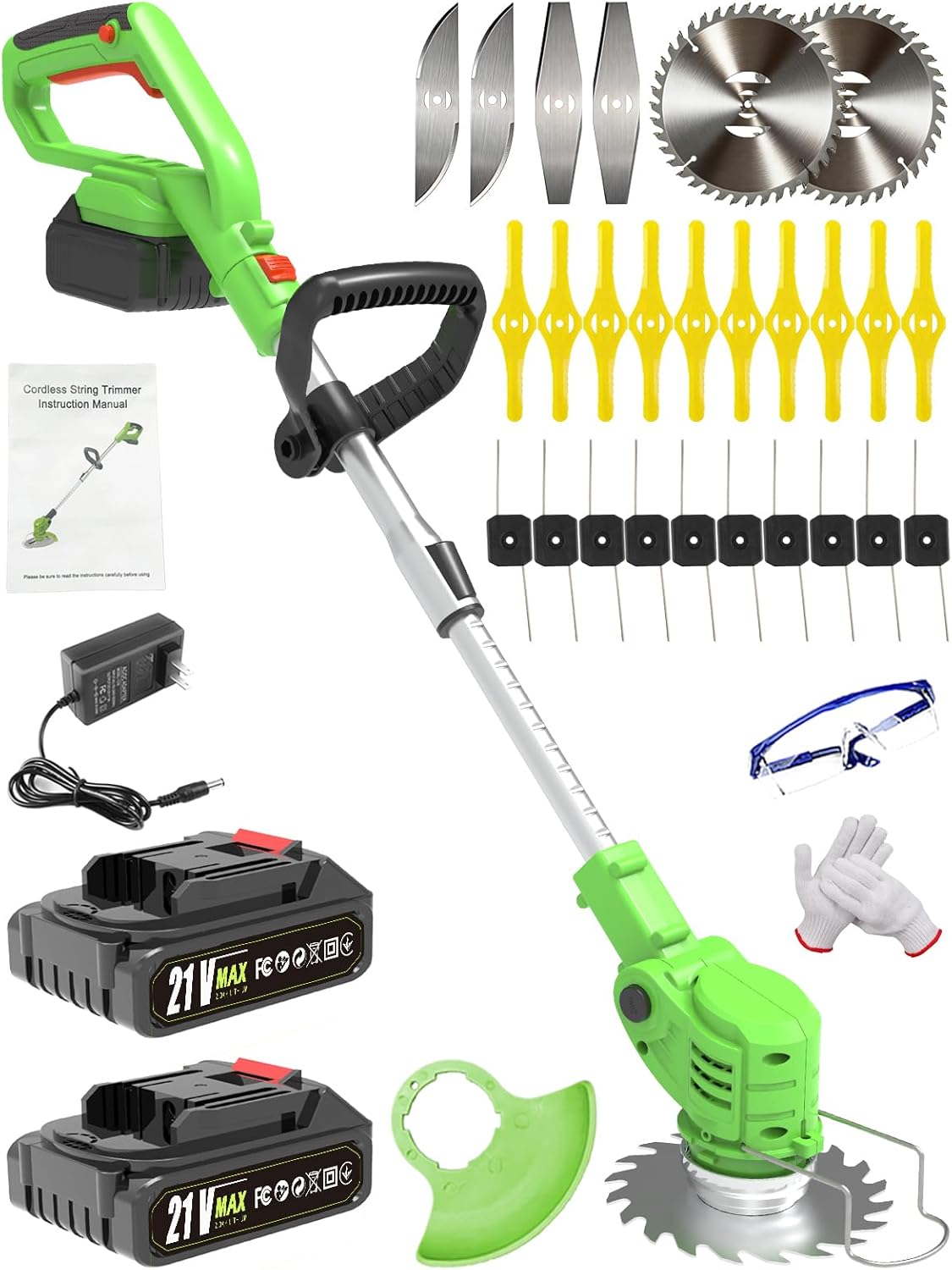 Electric Weed Wacker Cordless: 21V Battery Powered Weed Eater with 2 * 2.0Ah Battery, Charger & 5 Types Blade Lightweight Grass Trimmer for Garden Yard Lawn Work