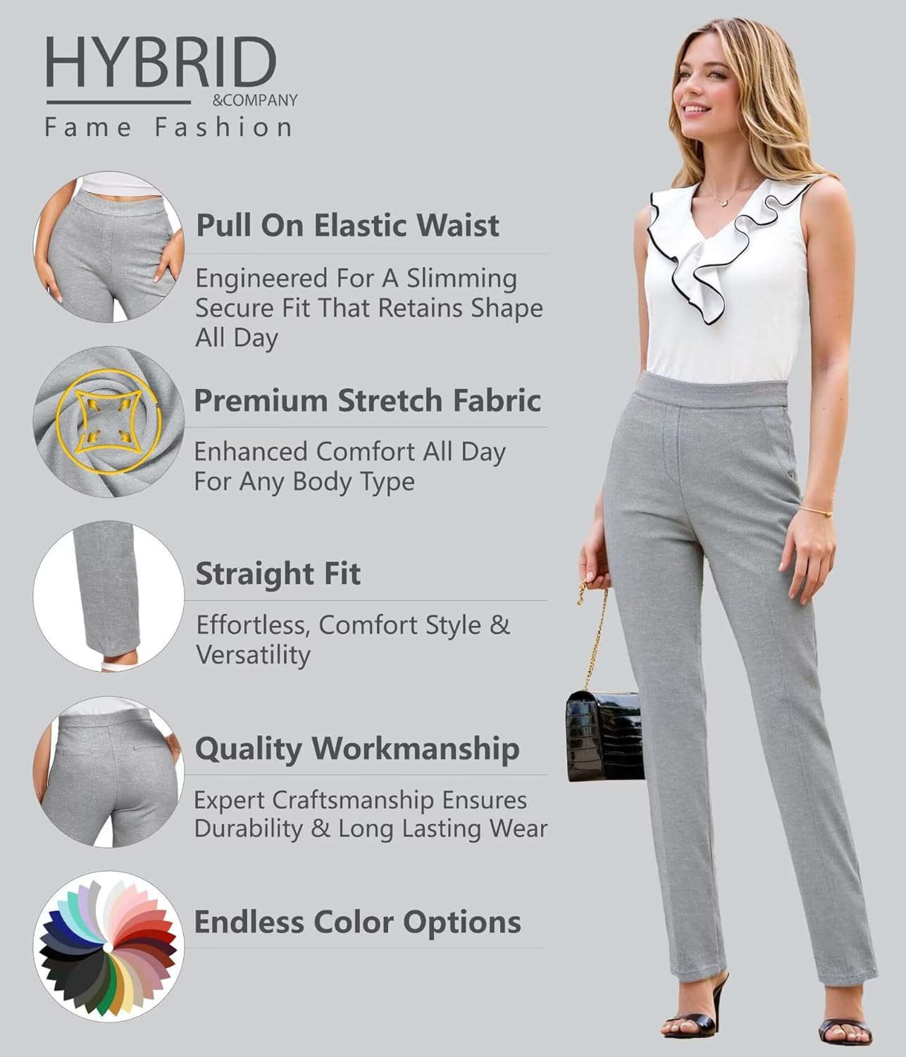 Hybrid & Company Women’s Straight Leg Pull On Pants – Ultra Stretch Ponte – Office & Casual Wear - Image 2