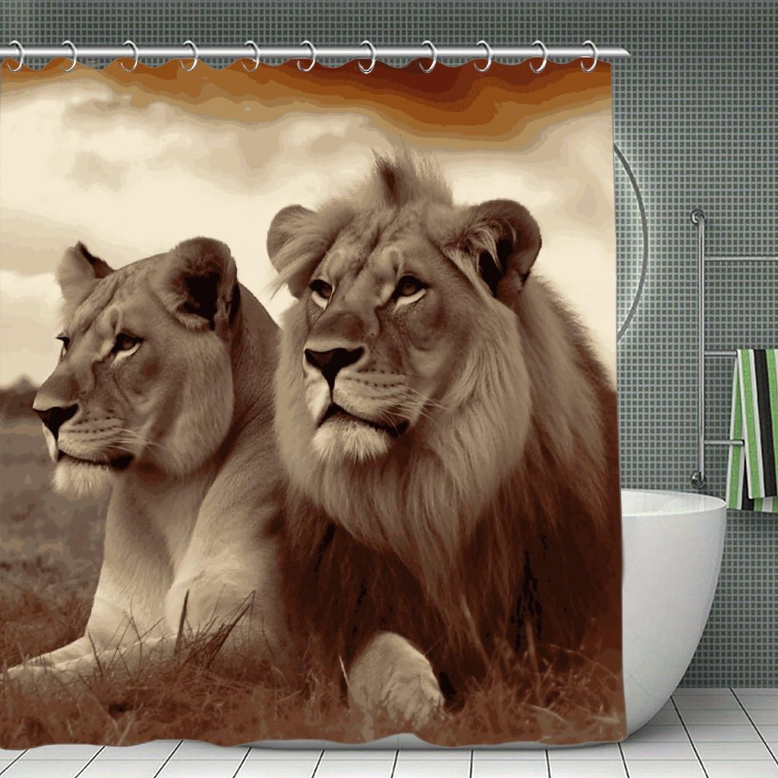 VstaDank African Lion and Lioness Shower Curtain 71x71 Heavy Duty Polyester Cloth Bath Curtain with Hooks Thick Waterproof Shower Liner Fun Magic Decorative Bathroom Curtains for Bathtub