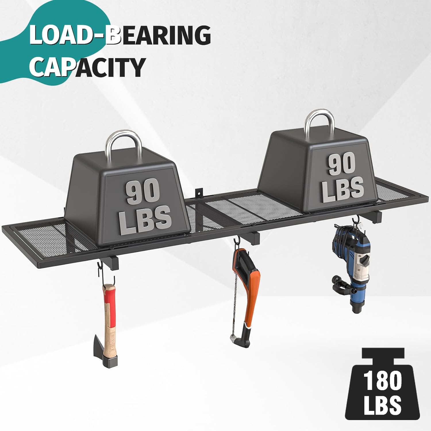 Garage Wall Shelving, 46'' x 12.6'' Garage Shelf Wall Mounted, Heavy Duty Storage Shelves 180 LBS Capacity, Floating Storage Rack with 4 Hooks, Black Metal Shelf Organizer for Basement, Workshop - Image 4