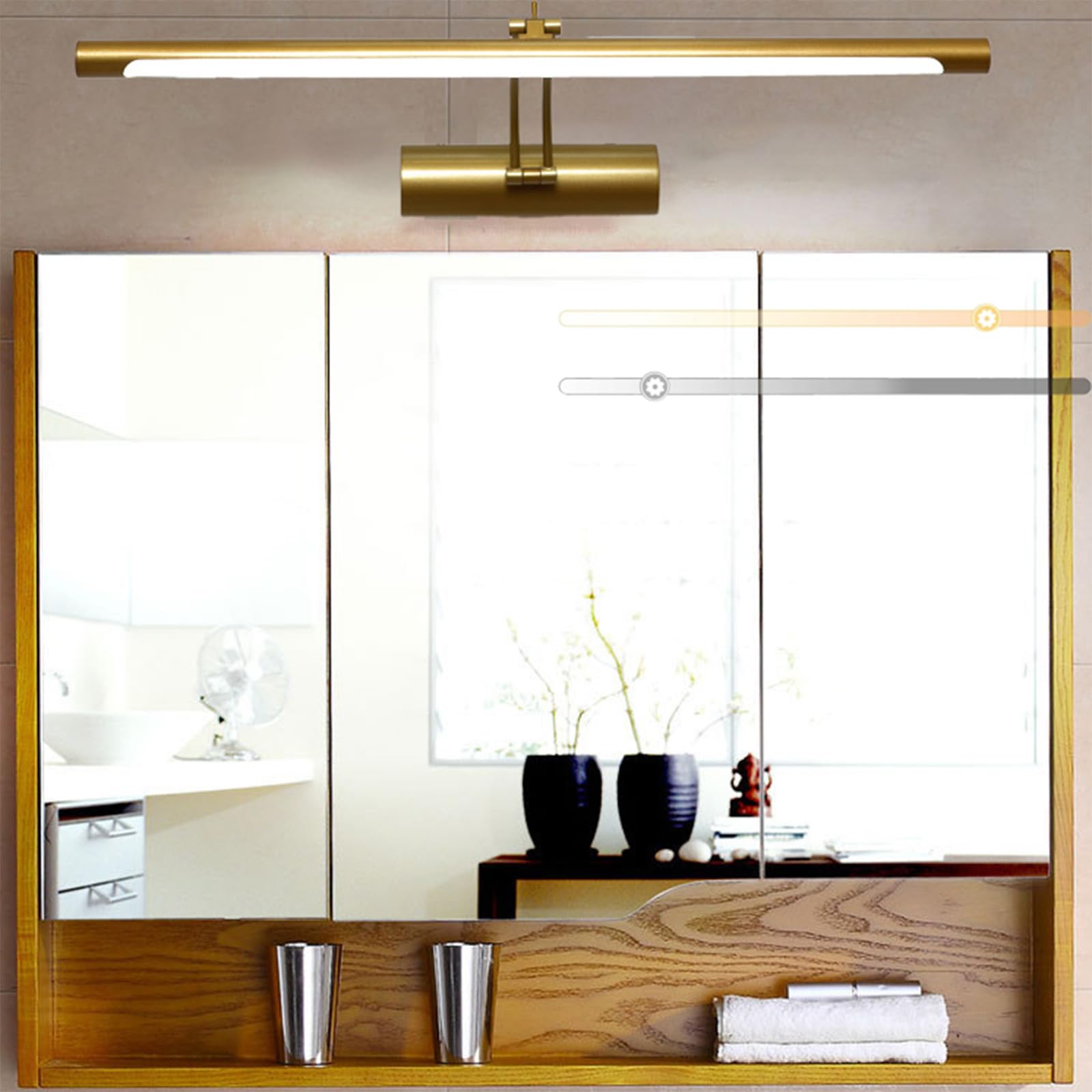 LED Spiegellampe Bad Wandleuchten Dimmbar Wasserdicht IP44 Wandleuchte Spiegellampe Einstellbar Innen Badleuchte 3000K-6500K Wandbeleuchtung für Badschrank Keller Küche (Gold,45cm)