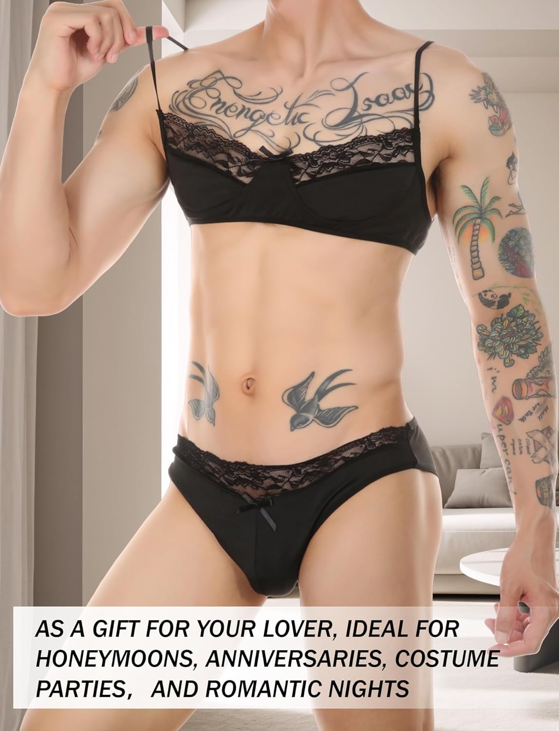 SEAUR Men's Lace Lingerie Set Bra and Panties Thongs Floral Underwear 2 Piece Nightwear - Image 4