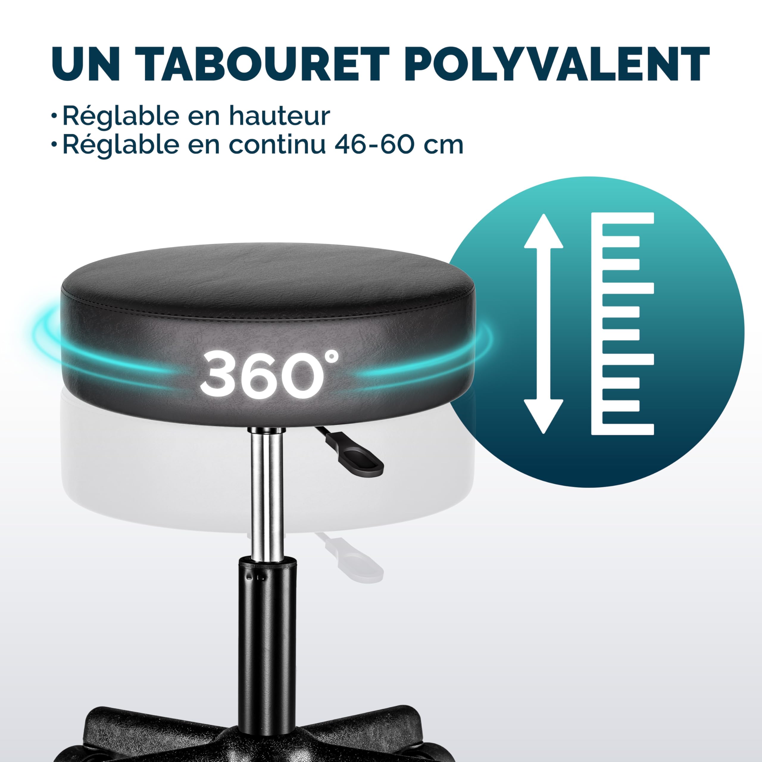 Casaria® Tabouret de Bureau Noir pivotant 360° Hauteur réglable 46-60 cm avec roulettes siège Rembourrage 10 cm