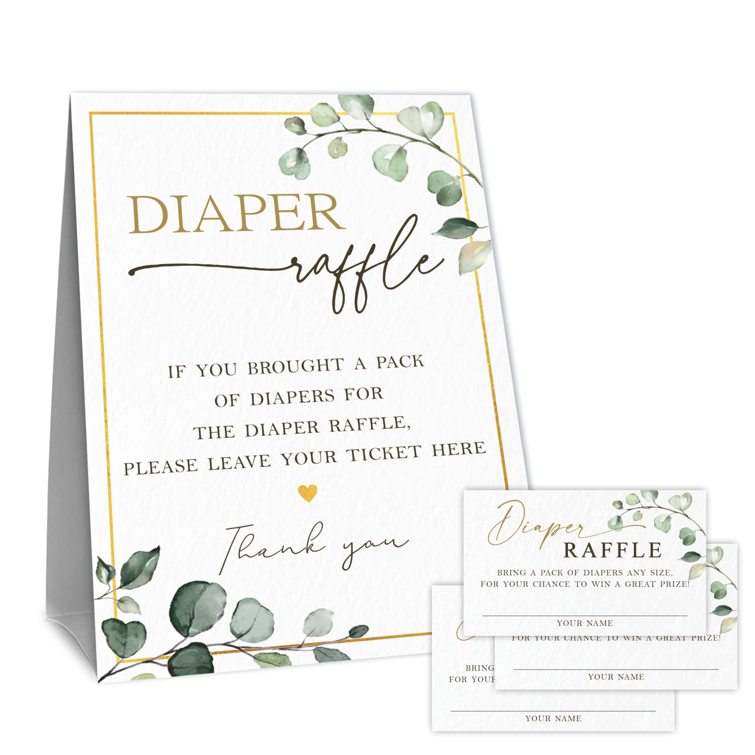 Baby Shower Diaper Raffle Game Set, 1 Standing Sign & 50 Diaper Raffle Tickets, Golden & Greenery, Supplies & Decorations For Gender Reveal, Baby Announcement, Baby Shower - A07