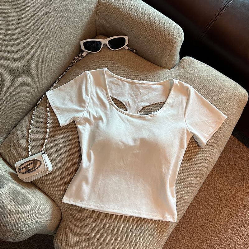 Image of ICW Women's Streetwear Round Neck Butterfly Cutout Back Short-Sleeve Padded Crop Top T-Shirt Dn249