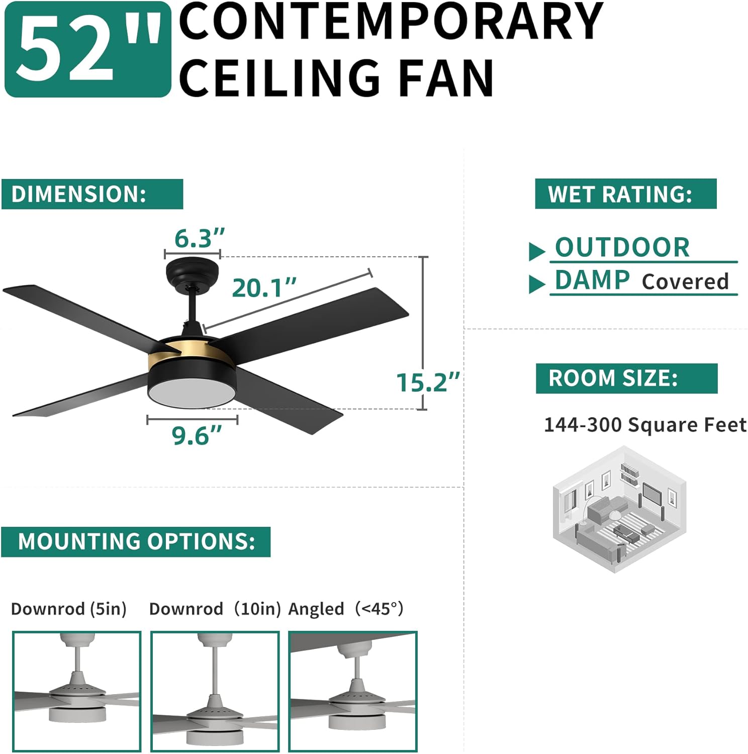 YITAHOME Black Ceiling Fans with Light and Remote, 52 Inch Gold Dimmable Fanlight for Indoor, 6 Modes with Stepless Color Temperature, Memory Function