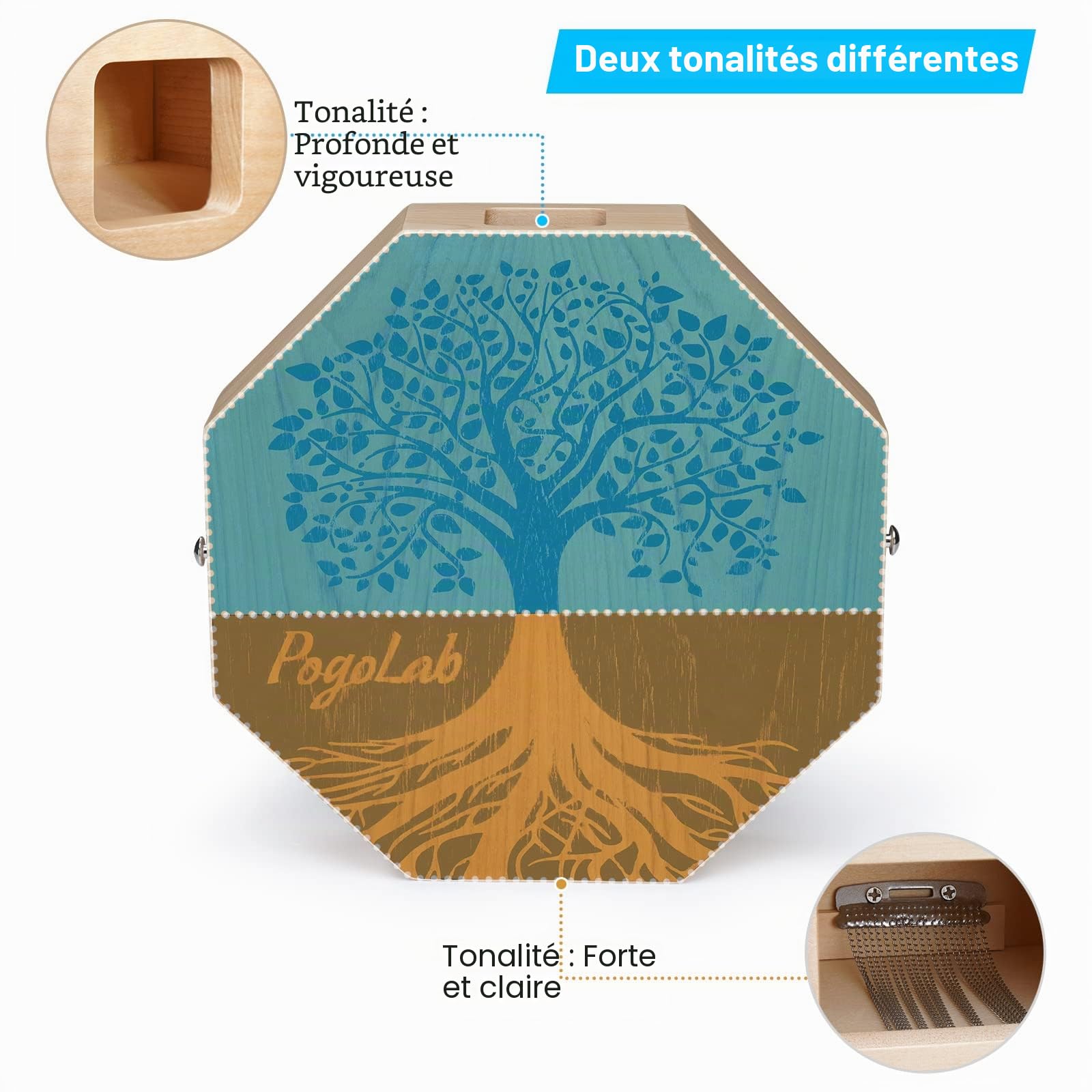POGOLAB Caisse à deux tons, tambour en bois portable de voyage avec sangle réglable, facile à transporter, aspect unique, beau instrument de percussion (marron naturel)