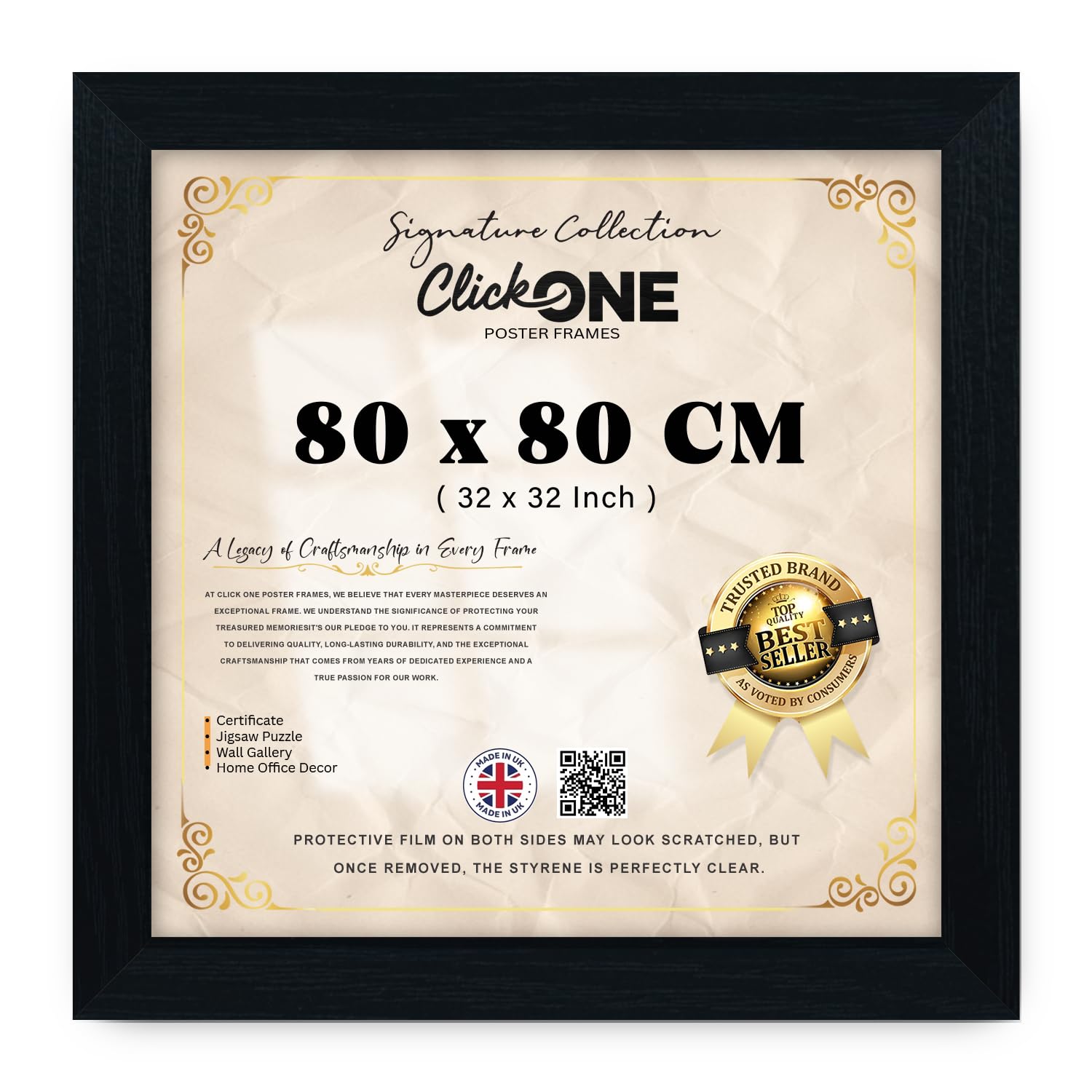 Click One Extra Large Square Poster Frame 80 x 80 cm Extra Large Black Picture Frames Shatter-Resistant Perspex Portrait & Landscape Display Frames for Wall Decoration Art Gallery (80 cm x 80 cm)