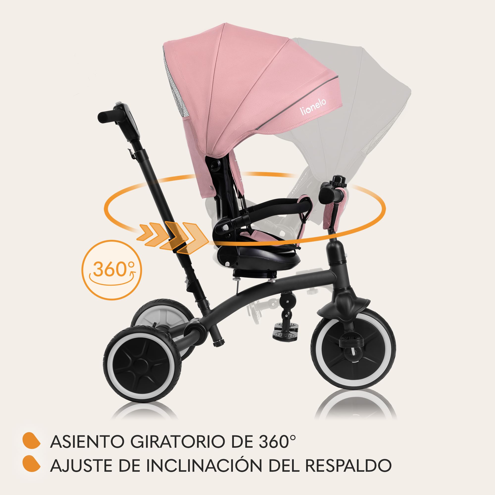 LIONELO Tris Plus Bicicleta de Paseo Triciclo Multifunción de 9 Meses a 25 kg, Carrito Bebé, Ruedas Grandes PU Asiento Giratorio 360° Respaldo Ajustable Montaje sin Herramientas