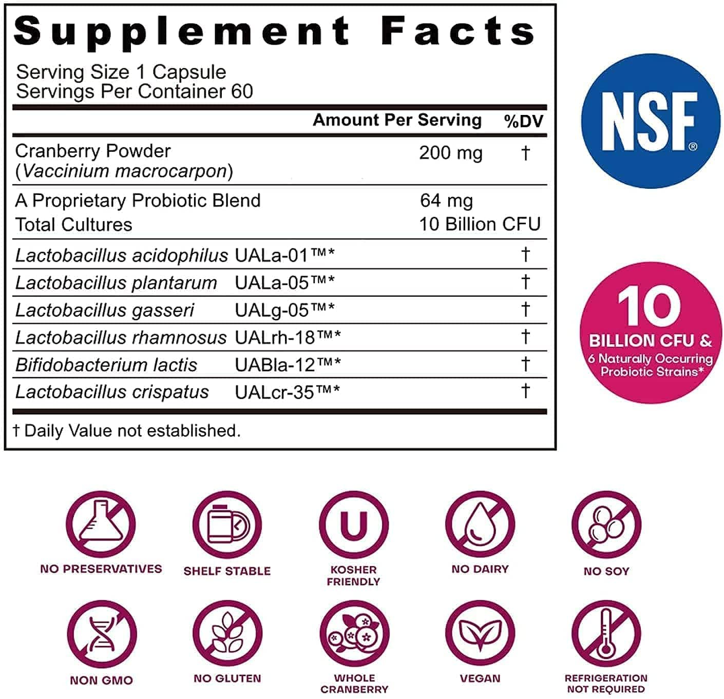 Nutricelebrity NutriFlora-Pro Probiotics for Women - Support Vaginal, Urinary Health, Immune System Digestive System Support, Cranberry Pills Supplement, 10 Billion CFU 6 Strains (30 Caps) - 2 Pack