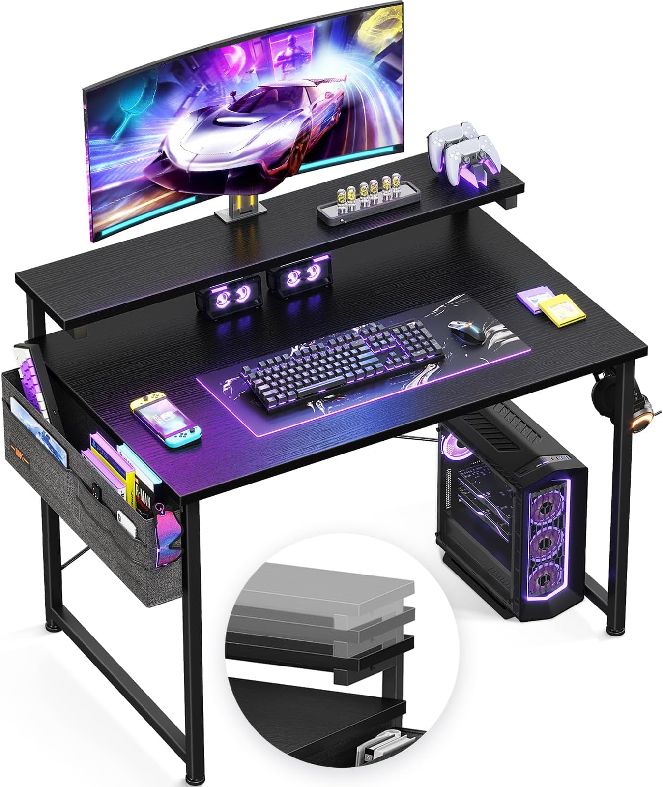 ODK Computer Desk with Adjustable Monitor Shelves, 40 inch Home Office Desk with Monitor Stand, Writing Desk, Study Workstation with 3 Heights (10cm, 13cm, 16cm), Black