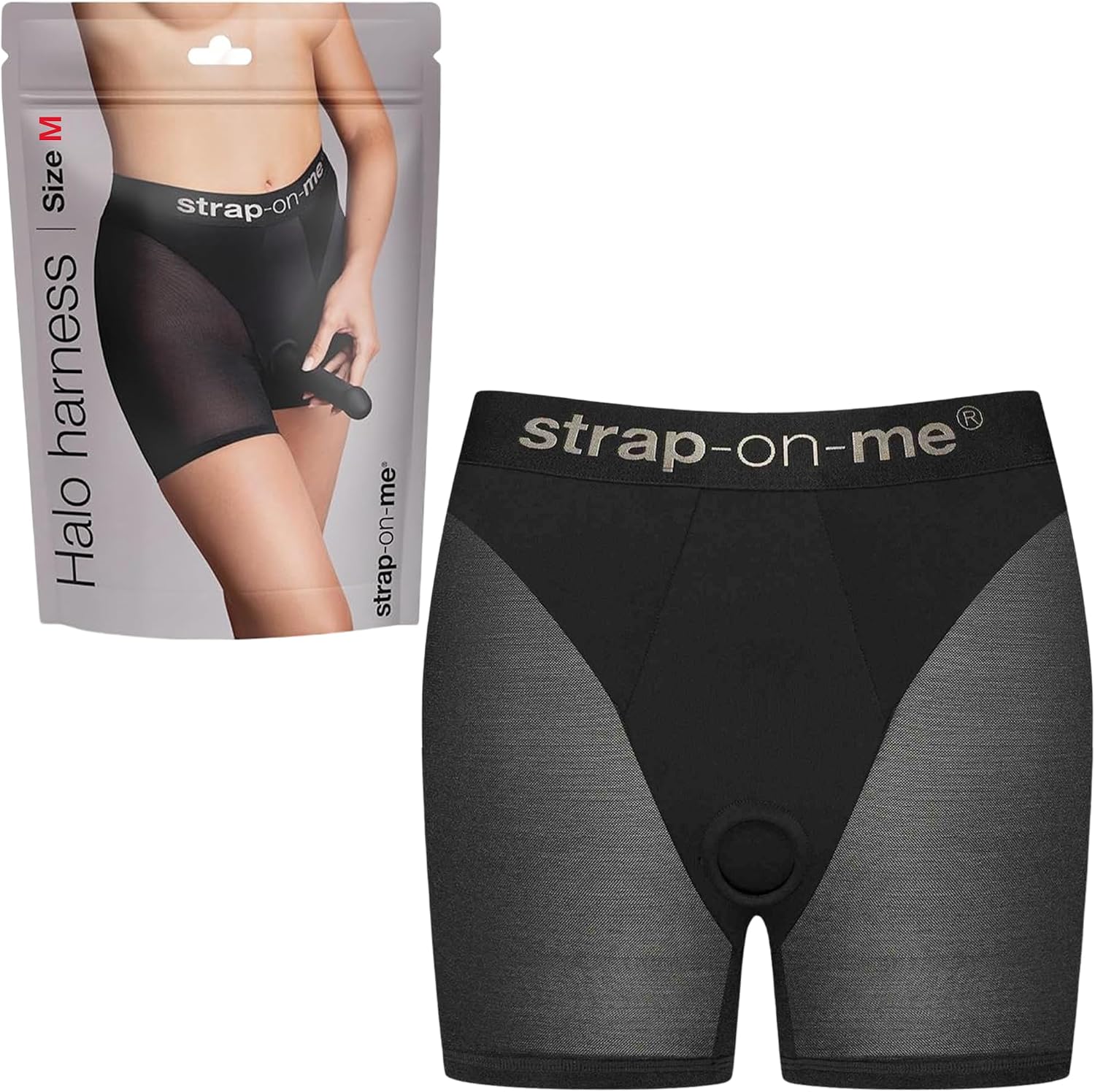HALO Harness Lingerie Large Strap On Compatible High Waist Shorts Silicone Ring Microfiber Tulle Second Skin Elastic Support Wearable Cyclist Style Breathable Flexible Black Harness