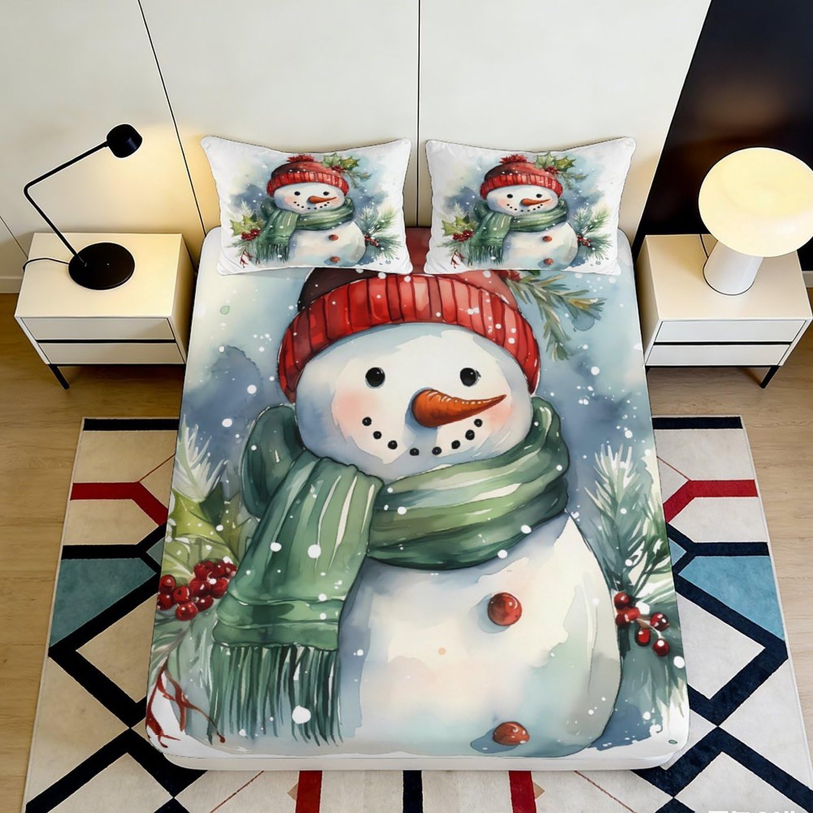 3D Printed Snowman Fitted Sheet Microfiber Deep Pocket Non-Slip Snowman Mattress Fitted Cover Washable for Bedroom Bedding 200x200x25cm