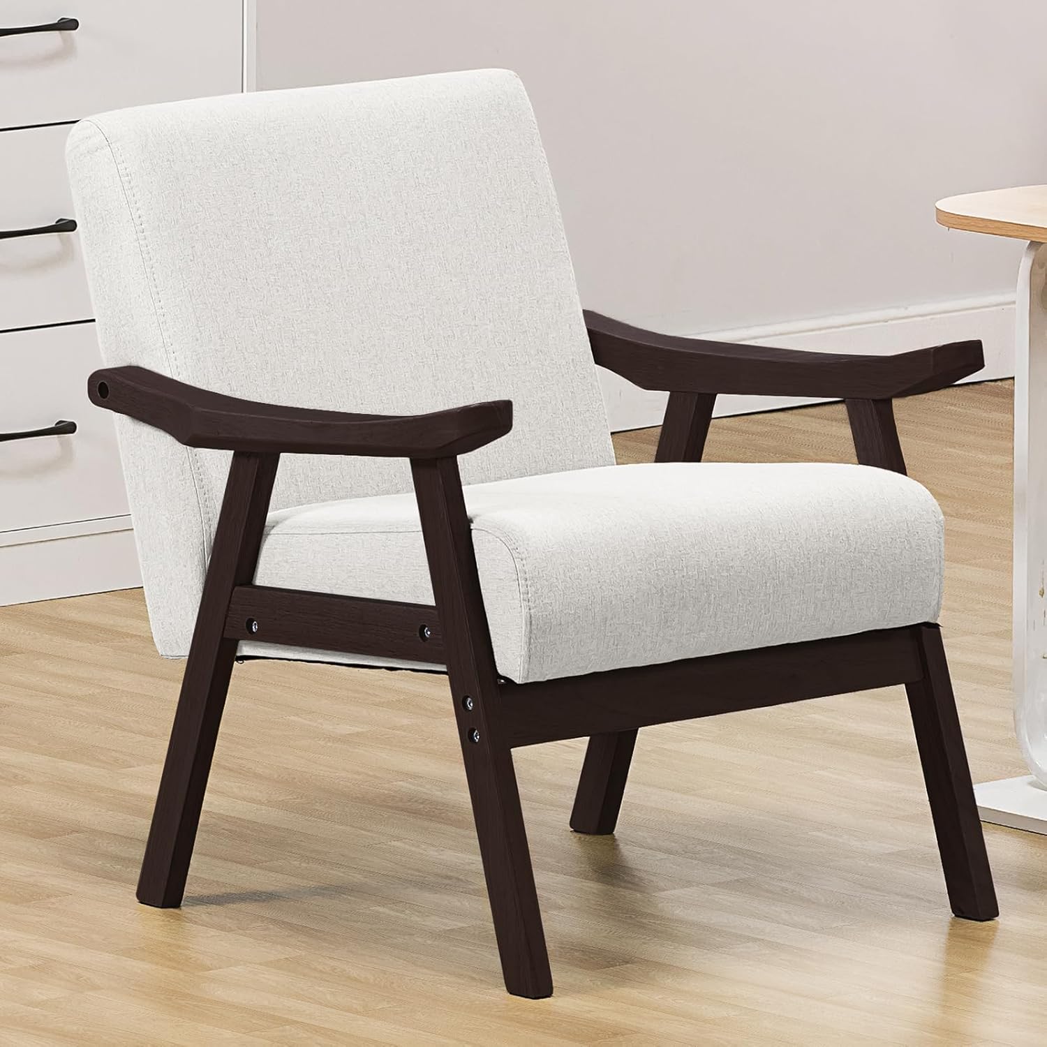 COMHOMA Accent Chair, Mid Century Modern Chair with Solid Wood Armrest, Comfy Upholstered Reading Armchair for Living Room, Bedroom, Balcony (Brown Curved Armrests, Beige)