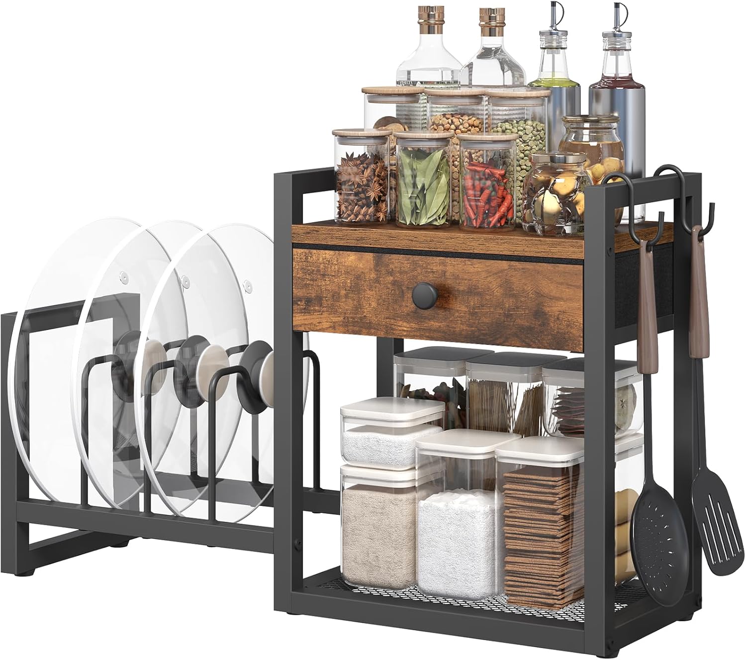 Pot Rack, Pots and Pans Organizer Rack, Kitchen Counter Shelf, Pot Lid Holder with 1 Drawer, Pot Lid Organizer Holder with 2 Hooks, for Kitchen, Dining Room, Rustic Brown and Black POHR2201